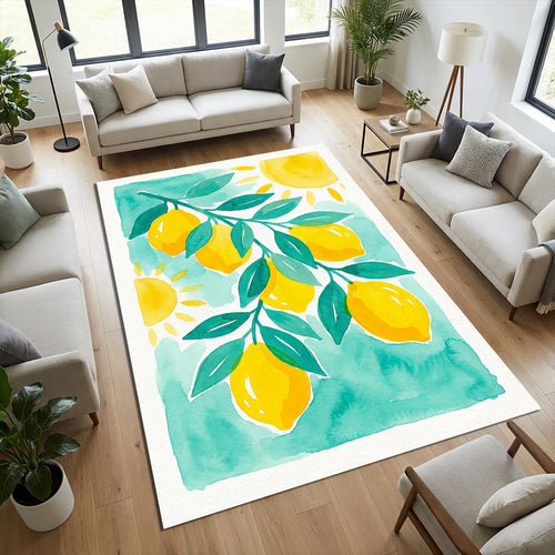 Modern Lemon Watercolor Rug Mediterranean Sun and Citrus Area Mat