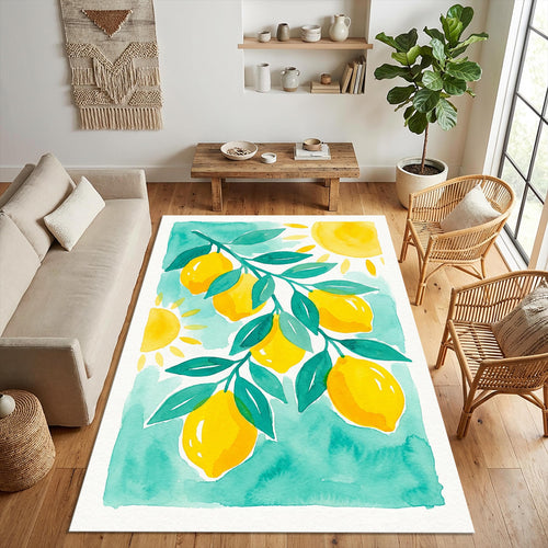 Modern Lemon Watercolor Rug Mediterranean Sun and Citrus Area Mat