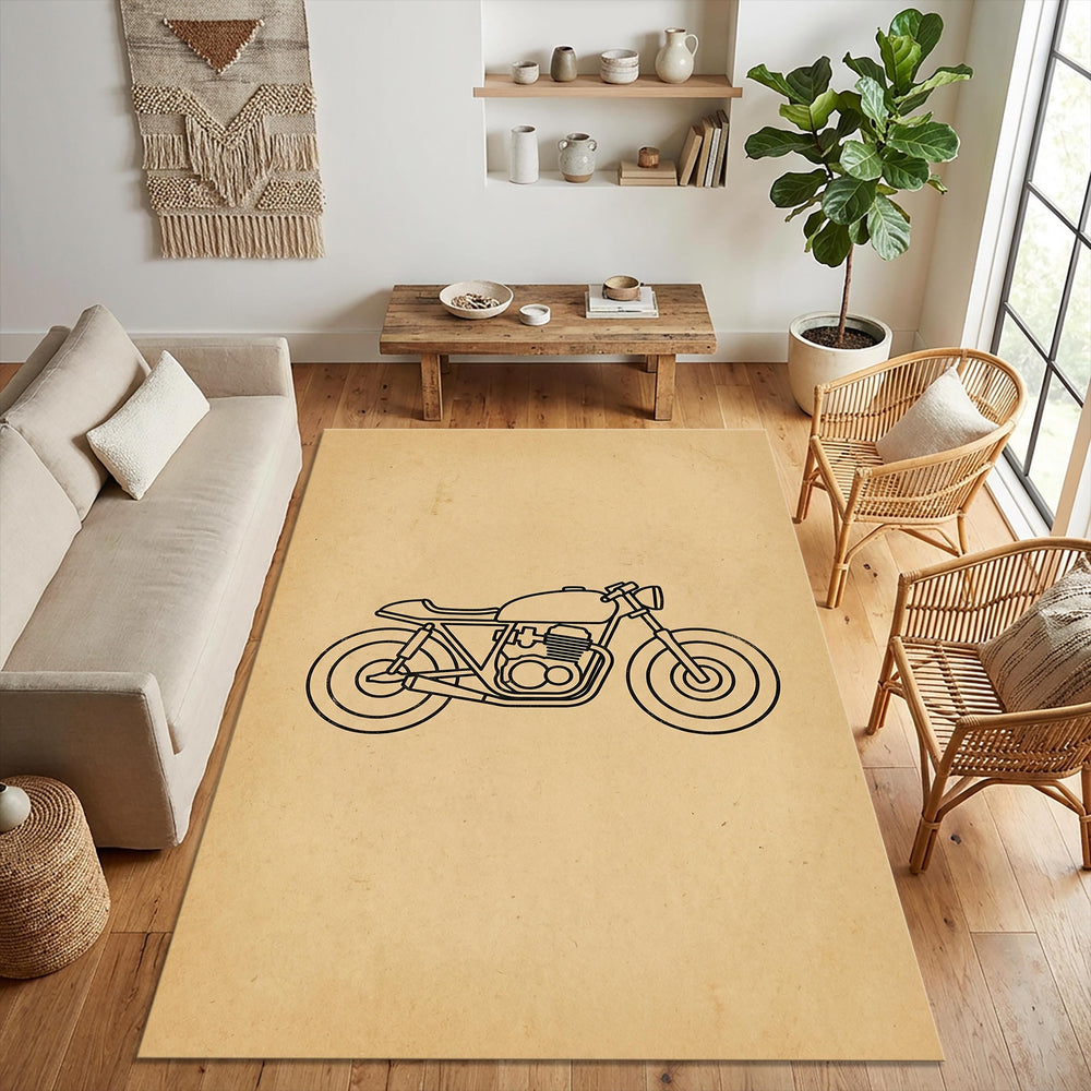 Minimalist Cafe Racer Area Rug Retro Motorcycle Line Art Floor
