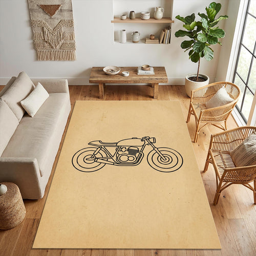 Minimalist Cafe Racer Area Rug Retro Motorcycle Line Art Floor