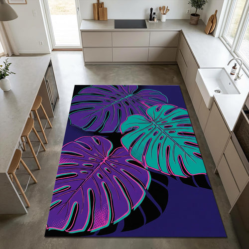 Modern Neon Monstera Rug Vibrant Tropical Pop Art Area Mat Purple