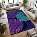 Modern Neon Monstera Rug Vibrant Tropical Pop Art Area Mat Purple
