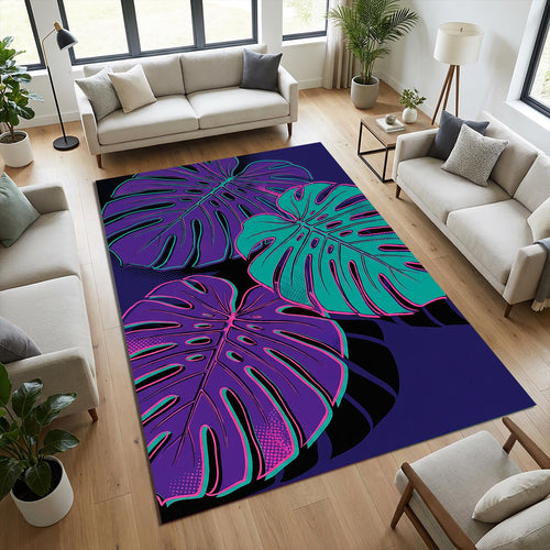 Modern Neon Monstera Rug Vibrant Tropical Pop Art Area Mat Purple