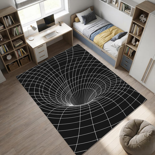 Modern Spacetime Grid Area Rug Abstract Black Hole Line Art Mat