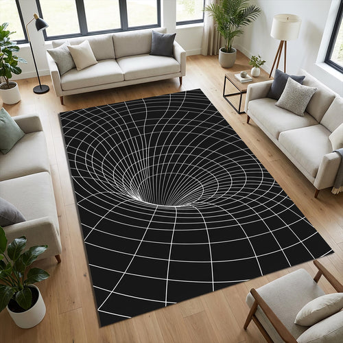 Modern Spacetime Grid Area Rug Abstract Black Hole Line Art Mat