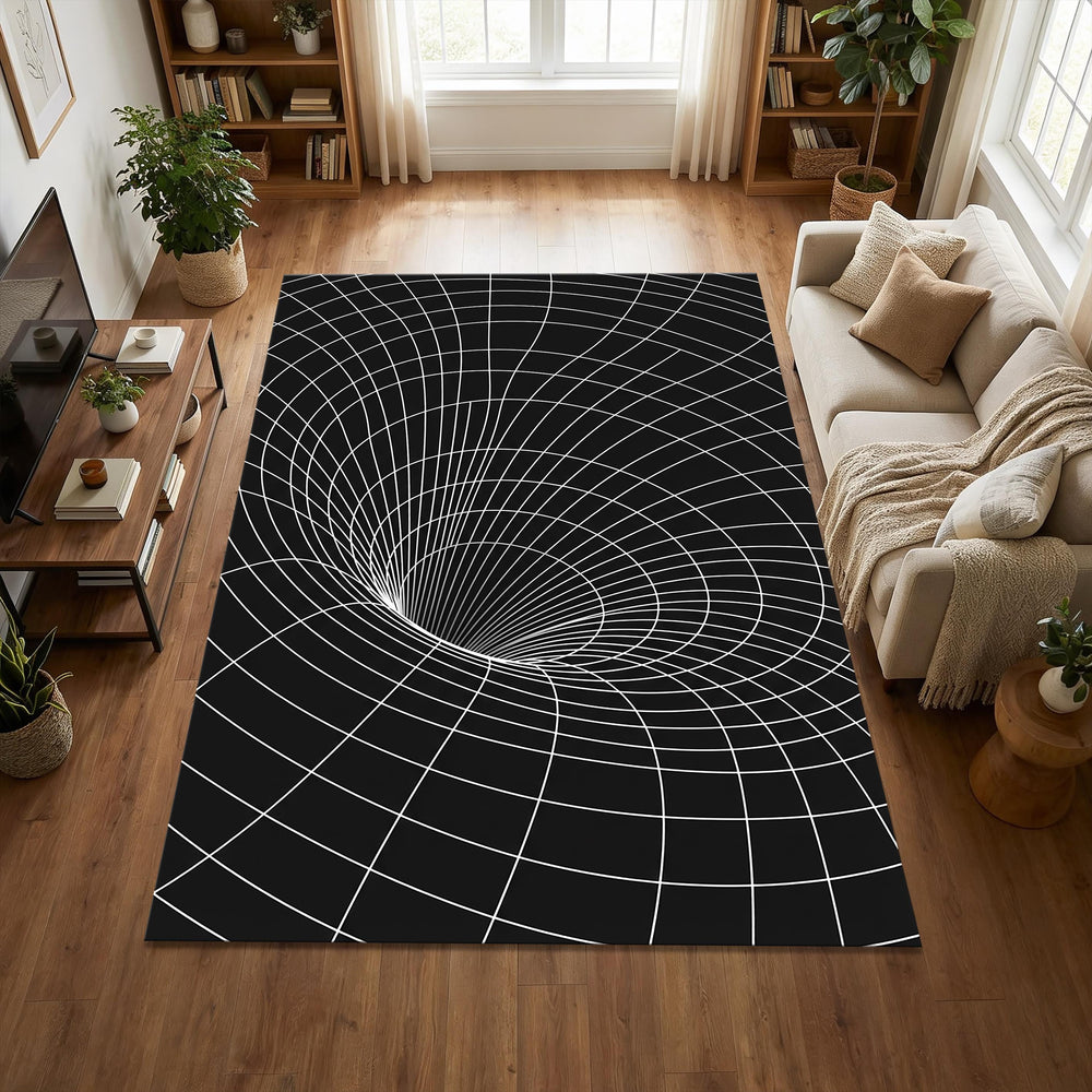 Modern Spacetime Grid Area Rug Abstract Black Hole Line Art Mat