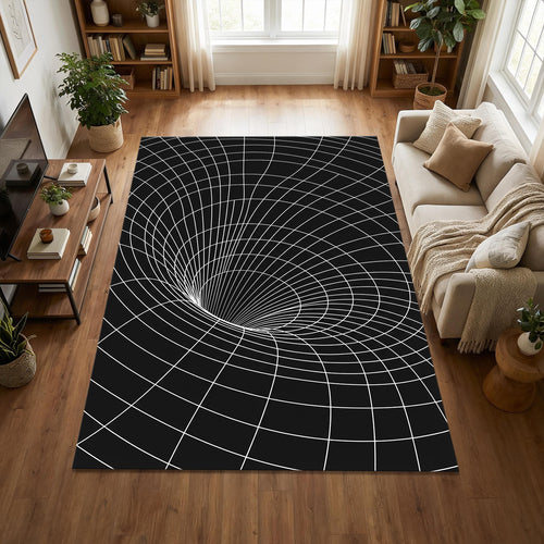 Modern Spacetime Grid Area Rug Abstract Black Hole Line Art Mat