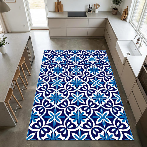 Modern Mediterranean Tile Rug Blue and White Azulejo Area Mat