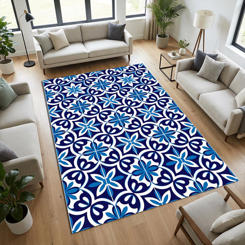 Modern Mediterranean Tile Rug Blue and White Azulejo Area Mat
