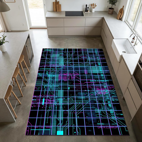 Cyberpunk Gaming Rug Neon Circuit Board Area Mat Futuristic