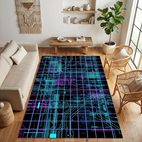 Cyberpunk Gaming Rug Neon Circuit Board Area Mat Futuristic