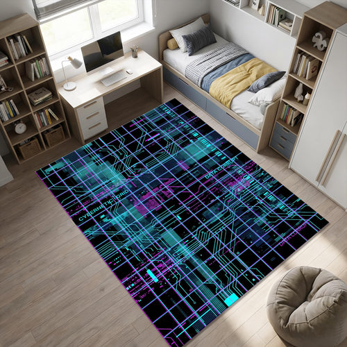 Cyberpunk Gaming Rug Neon Circuit Board Area Mat Futuristic