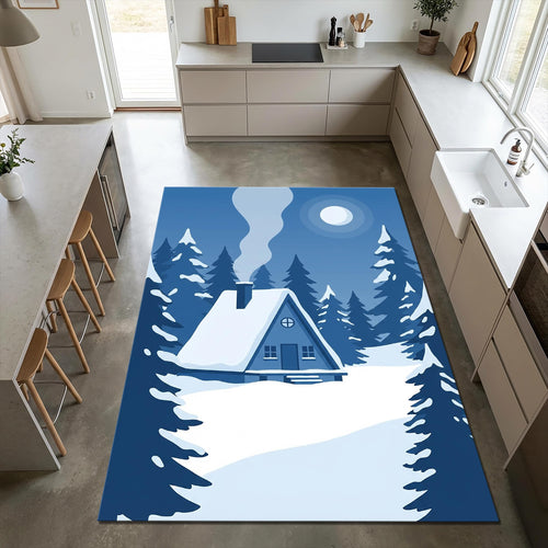 Minimalist Winter Cabin Area Rug Blue Monochrome A-Frame House