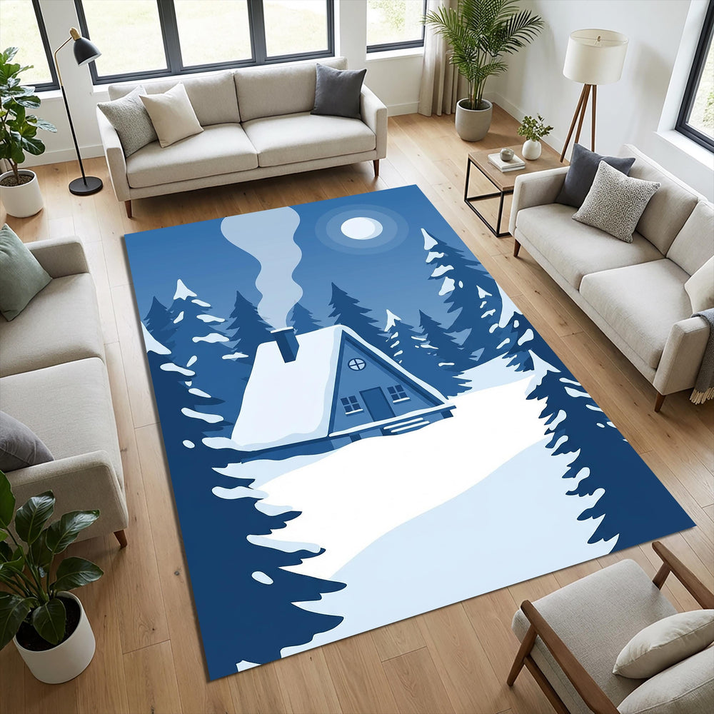 Minimalist Winter Cabin Area Rug Blue Monochrome A-Frame House
