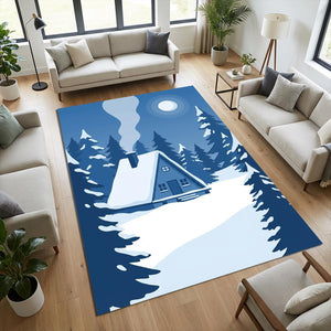 Minimalist Winter Cabin Area Rug Blue Monochrome A-Frame House