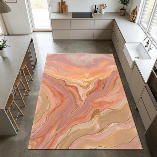 Abstract Fluid Art Area Rug Blush Pink and Gold Marble Floor Mat