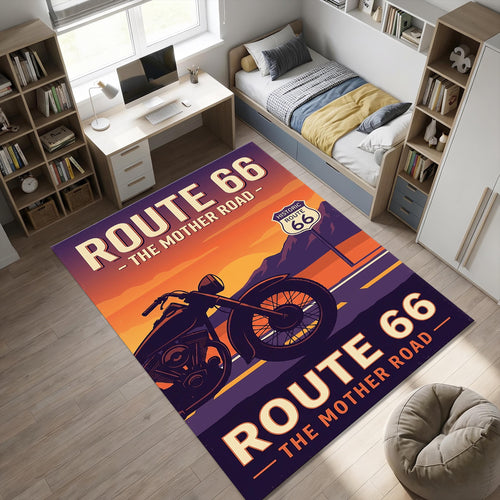 Vintage Route 66 Area Rug Retro Motorcycle Mother Road Floor Mat