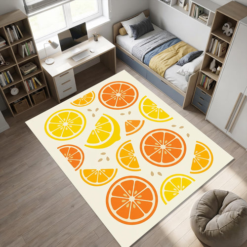 Minimalist Citrus Slice Area Rug Vibrant Orange and Lemon Fruit