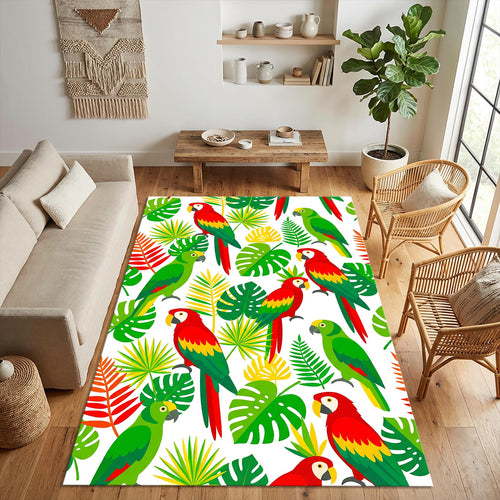 Tropical Parrot Area Rug Exotic Macaw and Jungle Leaves Floor Mat