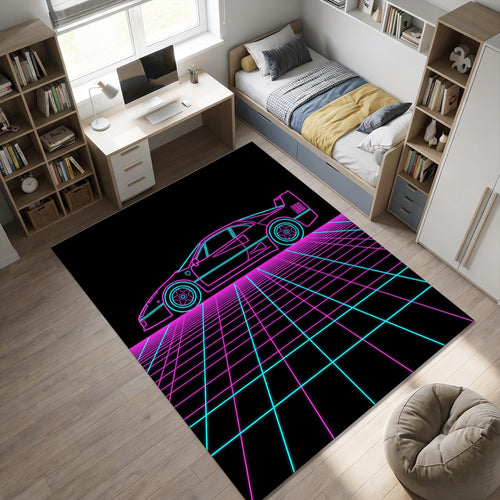Neon Synthwave Sports Car Area Rug 80s Retro Ferrari F40 Style
