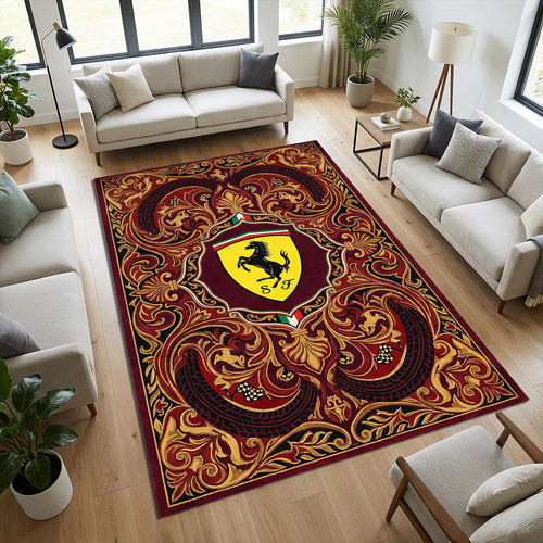 Ferrari F1 Area Rug Ornate Red and Gold Baroque Floor Mat