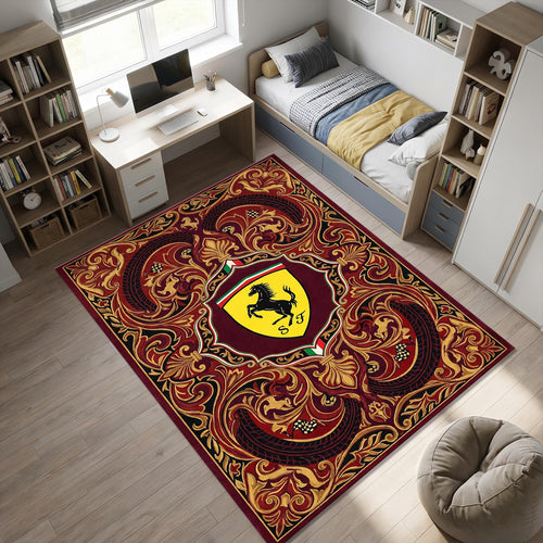 Ferrari F1 Area Rug Ornate Red and Gold Baroque Floor Mat