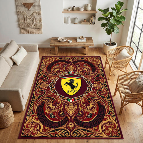 Ferrari F1 Area Rug Ornate Red and Gold Baroque Floor Mat