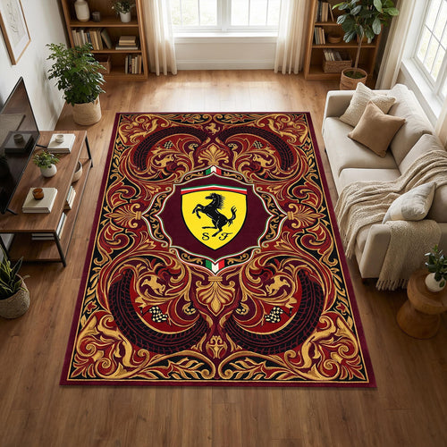 Ferrari F1 Area Rug Ornate Red and Gold Baroque Floor Mat
