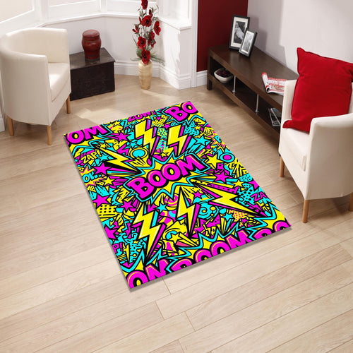 Neon Comic Book Rug, Pop Art Gamer Decor, Kids Playroom Rug, Cool