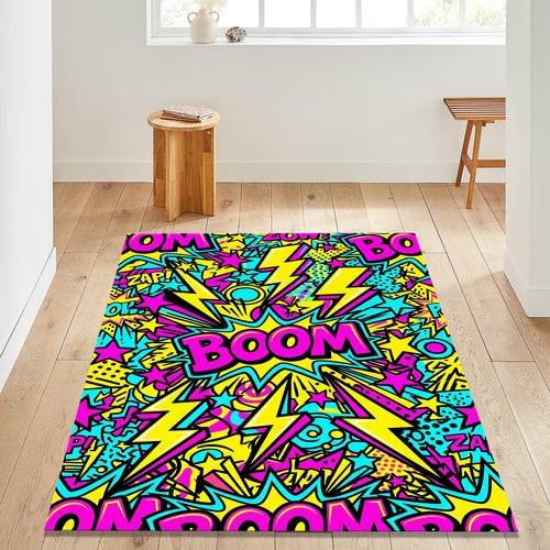 Neon Comic Book Rug, Pop Art Gamer Decor, Kids Playroom Rug, Cool