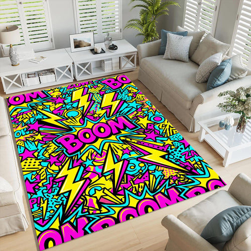 Neon Comic Book Rug, Pop Art Gamer Decor, Kids Playroom Rug, Cool