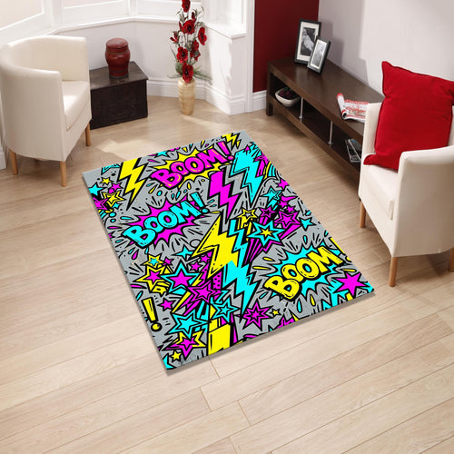 Grey Pop Art Comic Rug, Colorful Boom Gamer Decor, Fun Kids