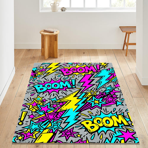 Grey Pop Art Comic Rug, Colorful Boom Gamer Decor, Fun Kids