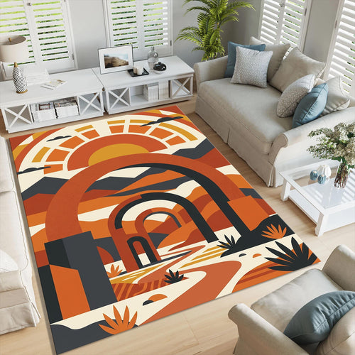 Retro Boho Arch Area Rug, Mid Century Modern Sun Decor