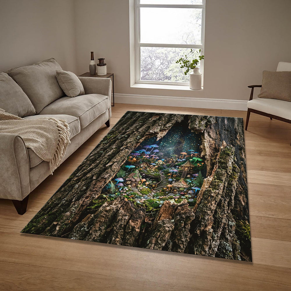Magic Fairy Village Area Rug Enchanted Tree Hollow Floor Mat 3D