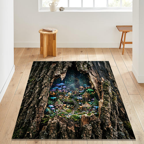 Magic Fairy Village Area Rug Enchanted Tree Hollow Floor Mat 3D