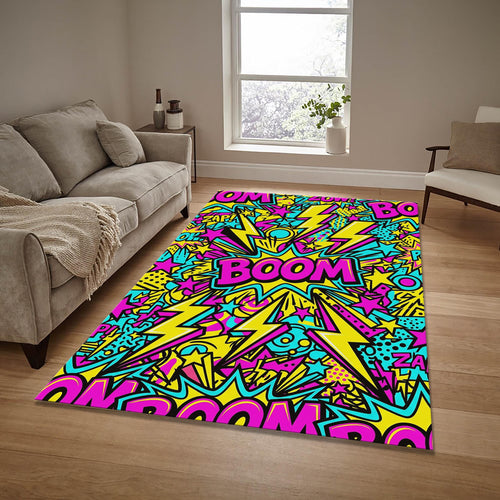 Neon Comic Book Rug, Pop Art Gamer Decor, Kids Playroom Rug, Cool