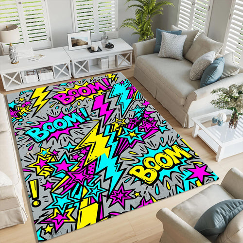 Grey Pop Art Comic Rug, Colorful Boom Gamer Decor, Fun Kids