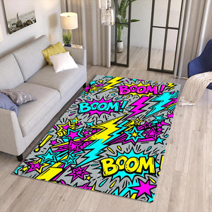 Grey Pop Art Comic Rug, Colorful Boom Gamer Decor, Fun Kids