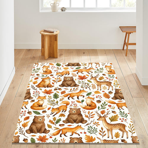 Woodland Animals Nursery Rug Forest Fox Bear Deer Kids Playroom