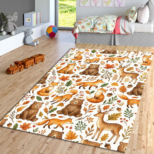 Woodland Animals Nursery Rug Watercolor Fox Bear Deer Playroom