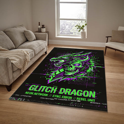 Cyberpunk Dragon Glitch Area Rug Gaming Room Man Cave Neon Carpet