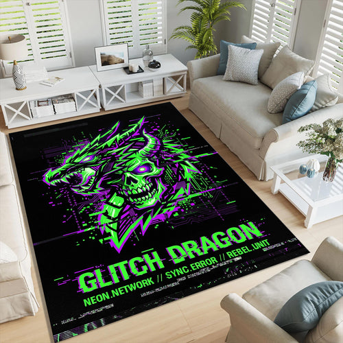 Cyberpunk Dragon Glitch Area Rug Gaming Room Man Cave Neon Carpet