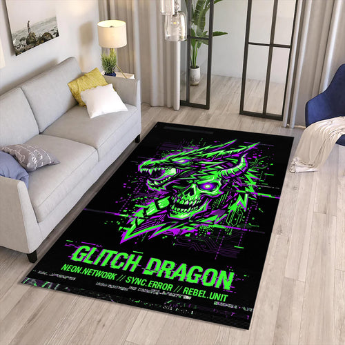 Cyberpunk Dragon Glitch Area Rug Gaming Room Man Cave Neon Carpet