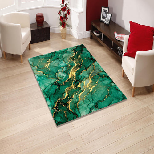Emerald Green Gold Marble Area Rug Luxury Abstract Living Room
