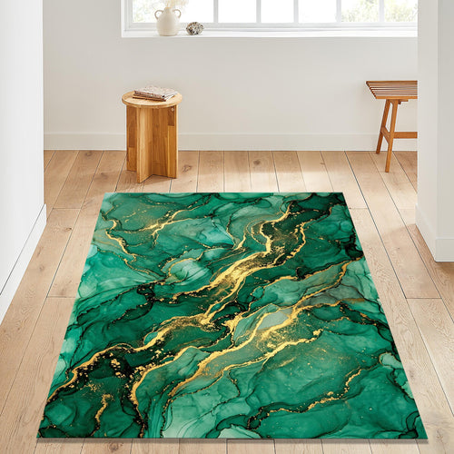 Emerald Green Gold Marble Area Rug Luxury Abstract Living Room
