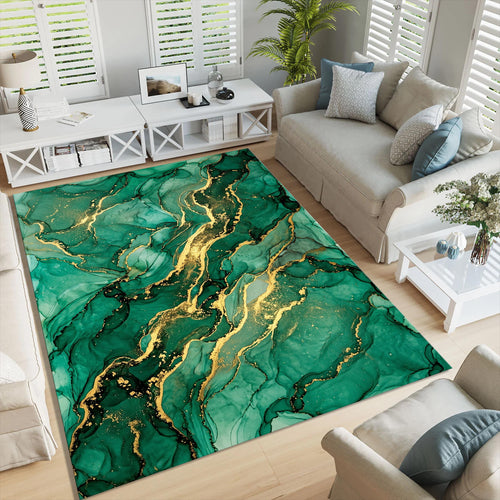 Emerald Green Gold Marble Area Rug Luxury Abstract Living Room