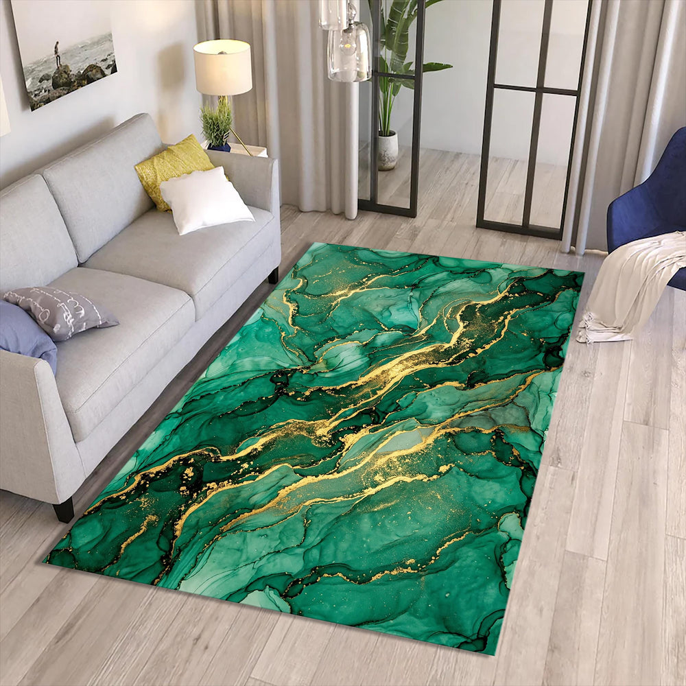 Emerald Green Gold Marble Area Rug Luxury Abstract Living Room