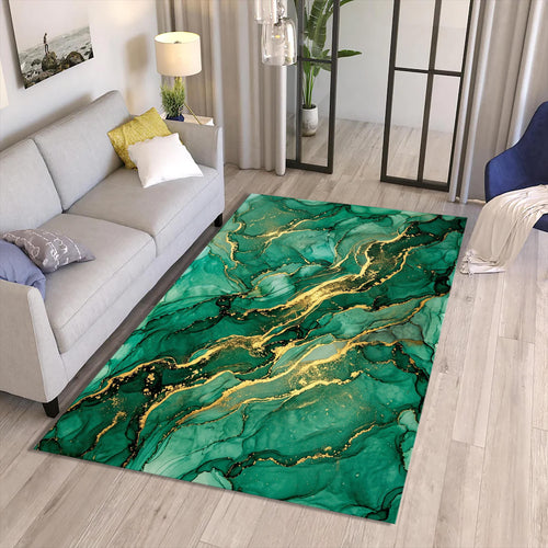 Emerald Green Gold Marble Area Rug Luxury Abstract Living Room