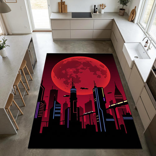Cyberpunk City Area Rug Gaming Room Neon Bedroom Carpet Washable